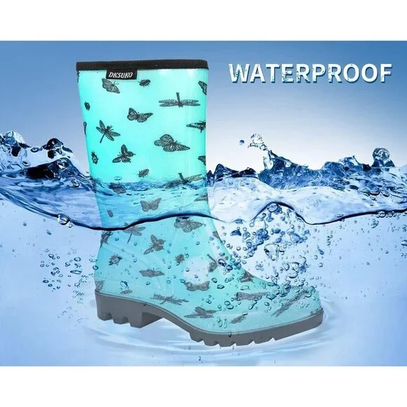 Women's Green Butterfly Lightweight Fashion Wide Calf Waterproof Rain Boots - Picture 4 of 6